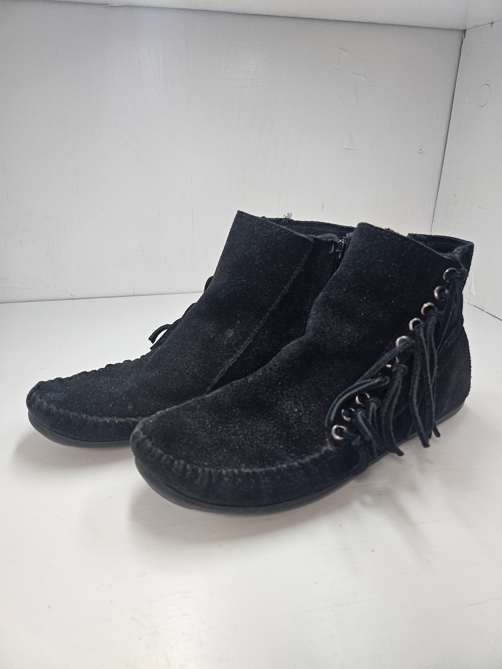 Minnetonka Black Suede Fringe Ankle Booties